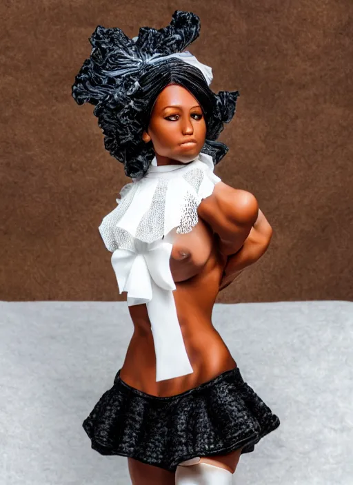 Image similar to Product Introduction Photos, 4K, Long view, Full body, 80mm resin detailed miniature of a Muscular Black Woman in white and lacy ruffled mini-skirt