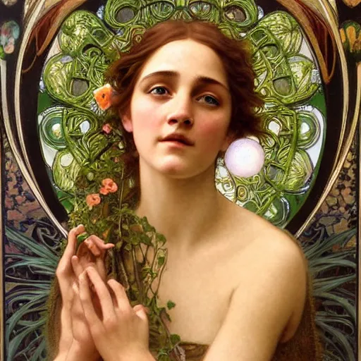 Image similar to detailed portrait art nouveau painting of the goddess of the soil, backlit, who resembles Saoirse Ronan, Kate Moss, and Emma Watson with anxious, piercing eyes, by Alphonse Mucha, Michael Whelan, William Adolphe Bouguereau, John Williams Waterhouse, and Donato Giancola