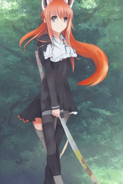 Image similar to an anime girl with fox ears and tail, trending on pixiv, by kawacy