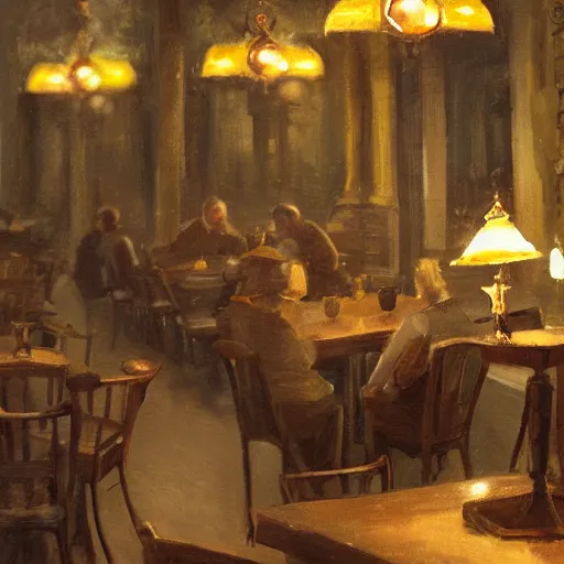 Image similar to brown cat with yellow eyes is sitting at table in a cafe at paris in early 2 0 th century. atmospheric feeling, warm colours, brown colours, yellow colours, epic scene, cinematic, very detailed, concept art, trending on artstation