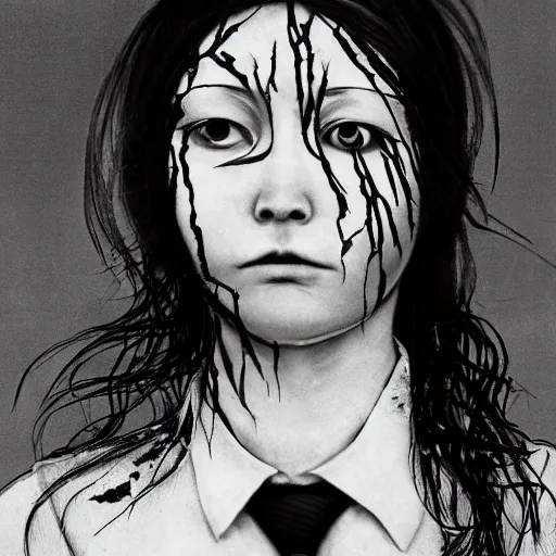 Image similar to yoshitaka amano realistic photo of an anime girl with black eyes, wavy white hair and cracks on her face wearing dress suit with tie fluttering in the wind, abstract black and white patterns on the background, cross earring, noisy film grain effect, highly detailed, closeup portrait shot, weird portrait angle