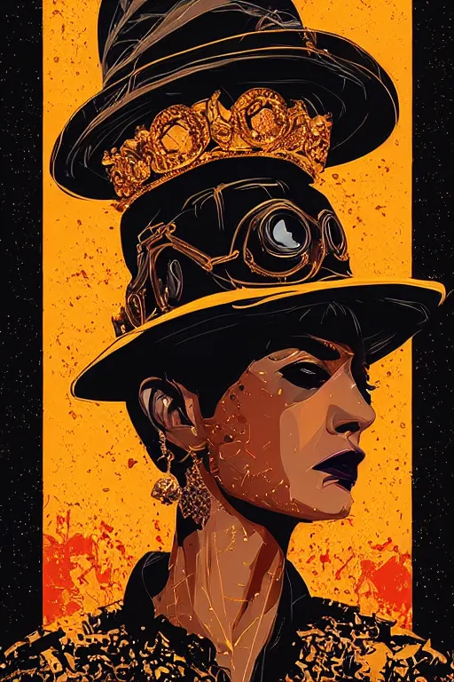 Image similar to black gold stylized mafia queen portrait, grunge art, dan mumford, victo ngai, alena aenami