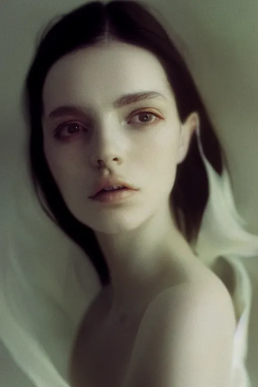 Image similar to kodak portra 4 0 0 long exposure photo portrait of a beautiful woman, dreaming in style of antoine d'agata and andrei tartovsky, dressed a long white, elegant, highly detailed, sharp focus, octane render, ethereal, otherworldly colors, atmospheric, soft light, dreamy, volumetric lighting unreal engine, epic fantasy