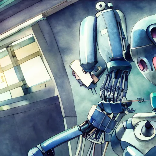 Image similar to watercolour painting of a broken robot repairing its own arm, anime, pencil lines, light watercolour, pale sky, beautiful artwork, anime screenshot, akihabara