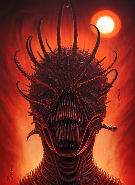 Image similar to masterpiece, his infernal majesty concept art, stylized, elden ring, elegant, imperial, epic, art by h. r. giger, darius zawadzki, josan gonzalez, alexey egorov, biomechanical, crimson darkness, hellscape