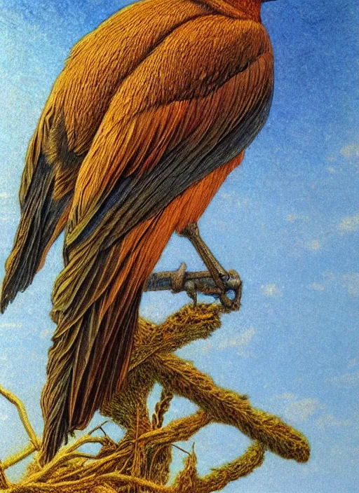 Prompt: a bird with two human hands, hyperrealism, no blur, 4 k resolution, ultra detailed, style of carlos schwabe