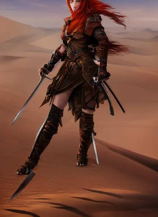 Prompt: Redhead female fighter with katana in desert, fantasy, medieval, vivid colors, fantasy, elegant, concept art, sharp focus, beautiful face!!, digital art, Hyper-realistic, 4K, Unreal Engine, Highly Detailed, HD, Dramatic Lighting by Brom, trending on Artstation
