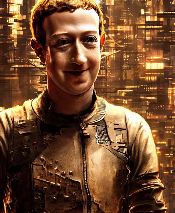 Image similar to Mark Zuckerberg wearing evil cyberpunk steampunk armour by Moebius, 4k resolution, detailed