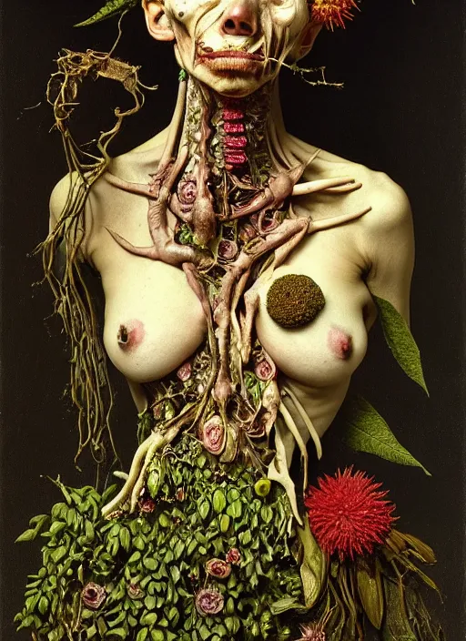 Image similar to beautiful and detailed rotten woman made of plants and many different types of flowers, muscles, intricate, organs, ornate, surreal, miguel angel, gustave courbet, caravaggio, romero ressendi, gunther von hagens
