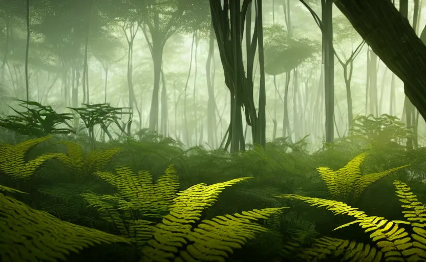 Image similar to a beautiful render of a dark prehistoric fern forest, lush flora, patches of yellow sky, dark green leaves, blue shadows, intricate detail, hazy, humid, volumetric lighting, 8 k, photorealistic, raytracing effects, unreal engine 5