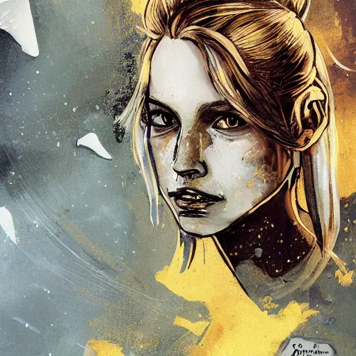 Prompt: highly detailed portrait of a young astronaut lady with a wavy blonde hair, by Dustin Nguyen, Akihiko Yoshida, Greg Tocchini, Greg Rutkowski, Cliff Chiang, 4k resolution, punk inspired, witcher inspired, resident evil inspired, vibrant but dreary gold, silver, opal, black and white color scheme!!! ((Graffiti tag Space nebula background))