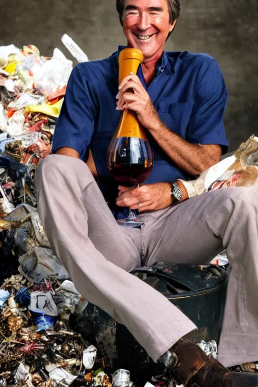 Image similar to randy mantooth smiling sitting on a garbage heap and drinking wine