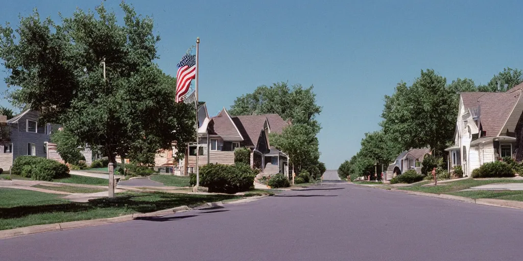 Prompt: a 90s photograph of a american suburban street at afternoon