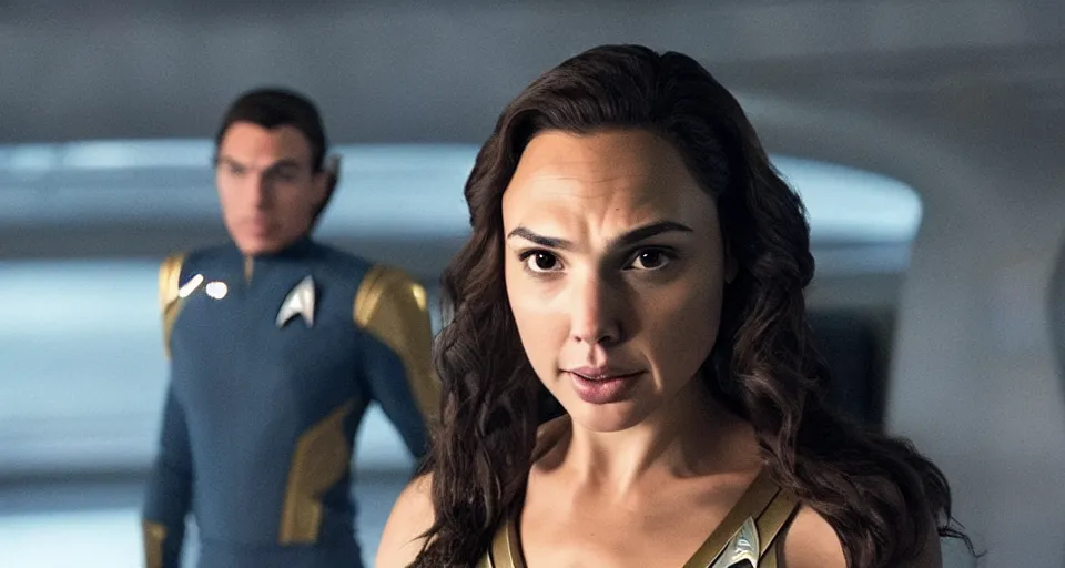 Image similar to Gal Gadot, in full starfleet uniform, is the captain of the starship Enterprise in the new Star Trek movie