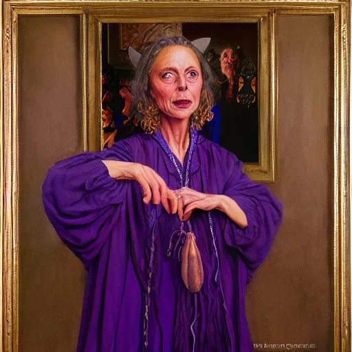 Prompt: portrait of a witch, wearing purple clothes with gold embroidery, by donato giancola, alex ross, and norman rockwell.