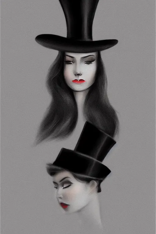 Image similar to elegant long hair lady wearing gentleman suit and tophat, mysterious, portrait, photorealism, noir, dark background