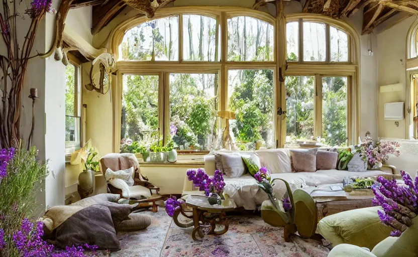 Prompt: Art Nouveau living room interior, cottage style, rustic wooden beams, couch, lavender plants, beige, light yellow, large windows, view of green trees, warm