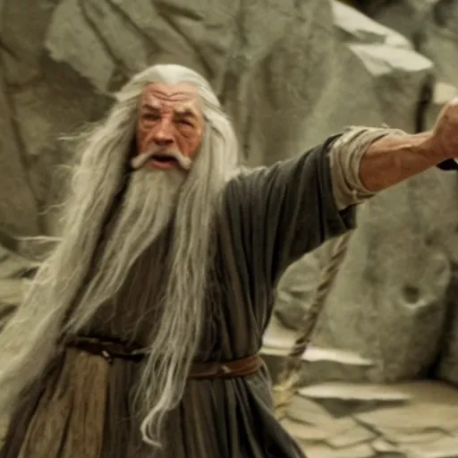 Image similar to movie still of gandalf dabbing as he comes to the rescue of helm's deep