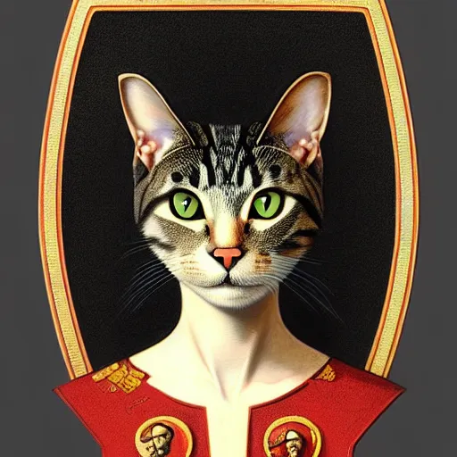 Image similar to a portrait of a cat, hero of the soviet union, upper half portrait, decorated with soviet motifs, intricate, elegant, highly detailed, symmetry, headpiece, digital painting, artstation concept art smooth sharp focus, illustration, art by artgerm and greg rutkowski alphonse mucha 8 k