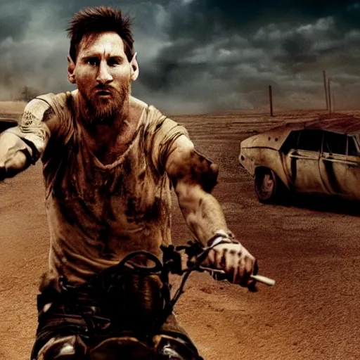 Image similar to Lionel Messi in Mad Max Fury Road, cinematic, sharp focus, movie still, atmospheric, 8k,