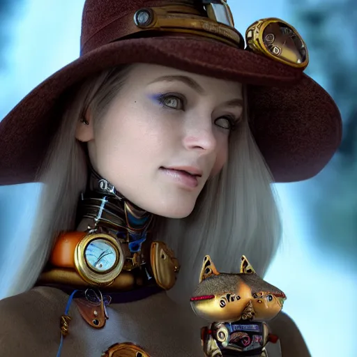 Prompt: a portrait beautiful steampunk woman and her cute robot cat, long hair, aged 2 5, slovenian, wearing a travel hat, photo realistic, real life, octane render, trending on artstation