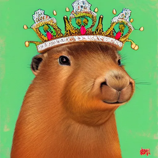 Prompt: a portrait of a capybara wearing a crown, acrylic paint, high detailed, art station, concept art, 4k, 8k