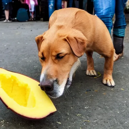 Prompt: a photo of a dog eating a mango