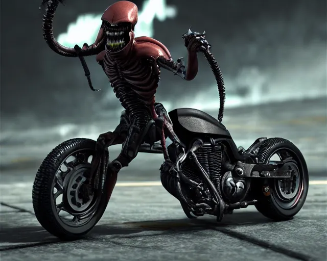 Prompt: Xenomorph AKIRA Motorcycle Gang, Full Figure, 8K, octane render, HDR, photorealistic, volumetric lighting, Hyperrealistic-H 960