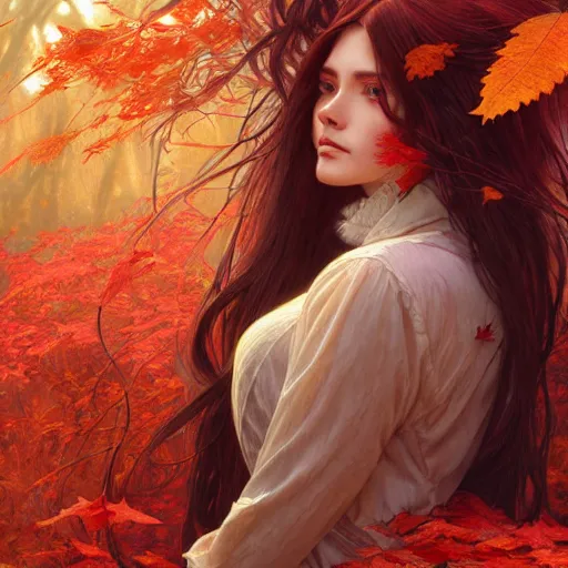 Image similar to girl with super long hair, hair becoming autumn red leaves, intricate, highly detailed, digital painting, artstation, concept art, smooth, sharp focus, illustration, unreal engine 5, 8 k, art by artgerm and greg rutkowski and alphonse mucha