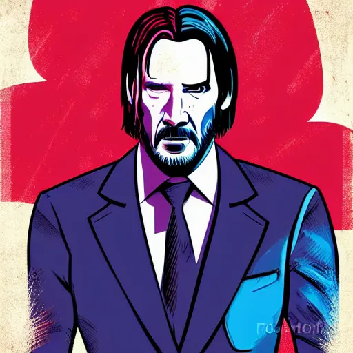 Prompt: individual john wick portrait fallout 7 6 retro futurist illustration art by butcher billy, sticker, colorful, illustration, highly detailed, simple, smooth and clean vector curves, no jagged lines, vector art, smooth andy warhol style