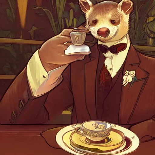 Image similar to a weasel in a suit was drinking tea, surrounded by tea houses ambient lighting, 4 k, russ mill, rossdraws, alphonse mucha, jung gi kim, artstation