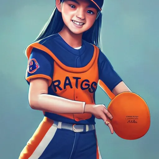 Image similar to A young girl with orange eyes wearing an orange baseball uniform, matte painting by Artgerm