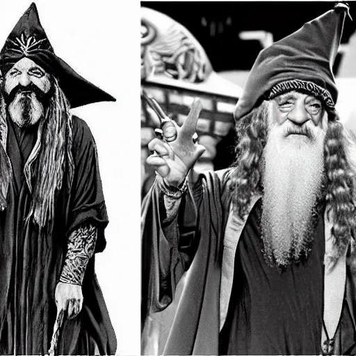 Prompt: Cheech & Chong as Dumbledore and Gandalf, Full-Wizard smock and hat, wizard's chain-necklace and spell scepter