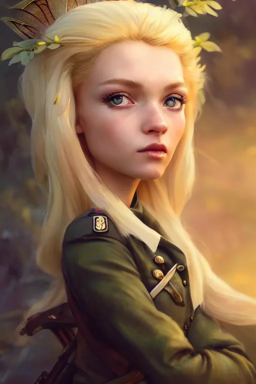 Image similar to cinematic shot of an epic portrait of a cute blonde fairy dressed in military clothes, stylised military clothes, shiny skin, beautiful eyes, beautiful, small details, night setting, realistic poster with volumetric light from craig mallism, artgerm, jeremy lipkin and michael garmash, unreal engine, radiant light, digital art, trends at art station, a masterpiece