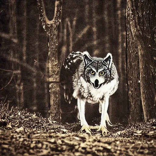 Image similar to mixture between an! owl and wolf, photograph captured in a dark forest