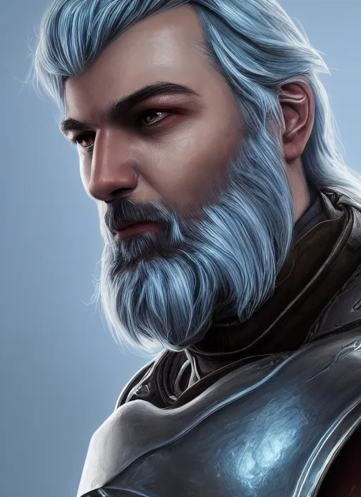 Image similar to an epic fantastic realism comic book style portrait painting of an aasimar paladin, male, silver hair, short brown beard, d & d concept art, unreal 5, daz, teal aesthetic, octane render, cosplay, rpg portrait, dynamic lighting