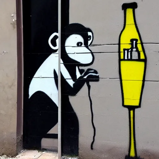 Image similar to Graffiti by Banksy of an ape in a suit drinking champagne