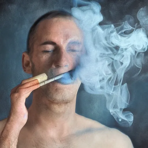 Image similar to smoker. smoke. happiness. impressionism. poster. matt painting. octane render