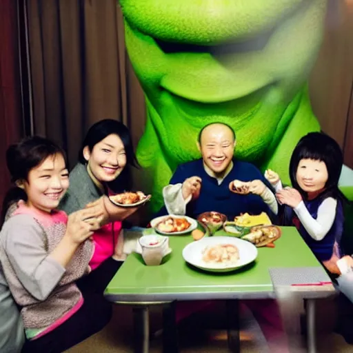 Image similar to photo of a japanese family having dinner with shrek