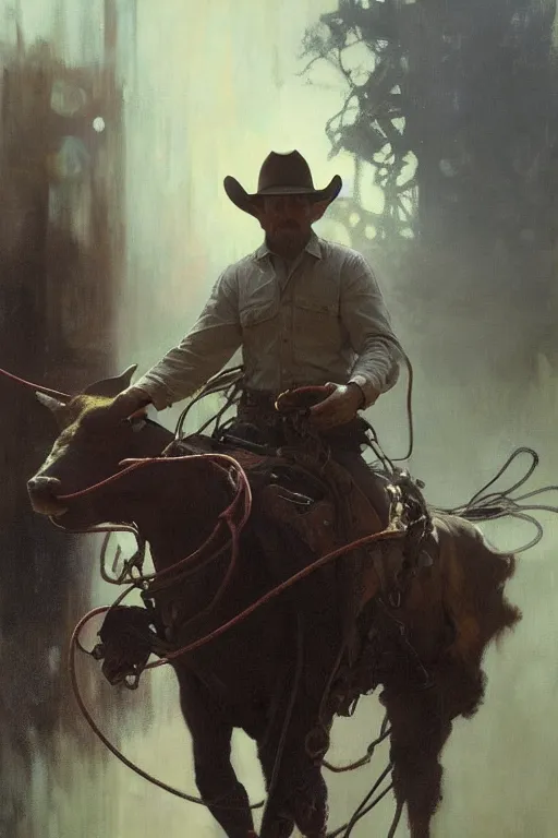 Image similar to hyperrealist portrait of a cowboy roping a steer coach by jeremy mann and alphonse mucha, fantasy art, photo realistic, dynamic lighting, artstation, poster, volumetric lighting, very detailed faces, 4 k, award winning