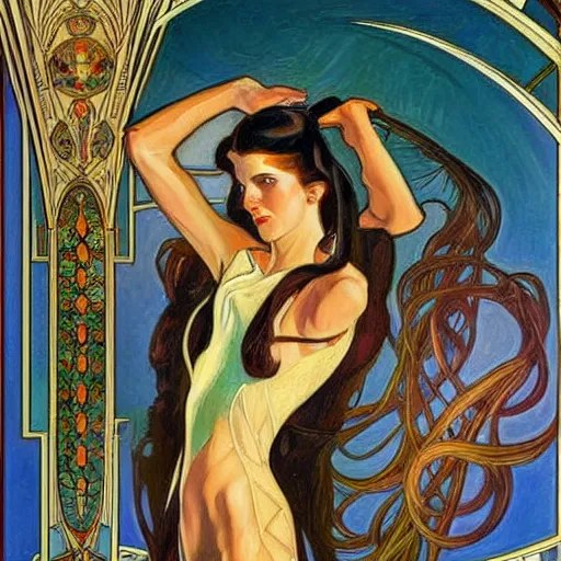 Image similar to a streamline moderne painting in the style of donato giancola, and in the style of vanessa lemmen, and in the style of alphonse mucha. symmetry, smooth, sharp focus, semi - realism, intricate detail.