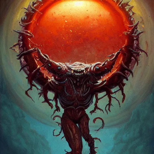 Image similar to Abyssal Pizza Monster, fullbody, intricate, horror, highly detailed, hellscape, demonic, artstation, cosmic crystals, celestial, cosmic, black hole, concept art, smooth, sharp focus, illustration, art by greg rutkowski and orientalism and bouguereau and Zdzislaw Beksinski, good clear quality, lighting, biology, symmetrical artwork, perfect face, 135 mm, cinematic, hyper realism, high detail, octane render, 8k, chrome accents