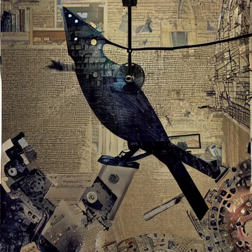 Image similar to a mechanical bird wanders between the virtual realms of urban informatics and computational social science, collage artwork by dave mckean and ivan shishkin and james jean