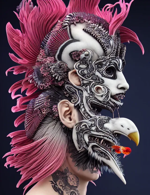 Image similar to 3 d goddess close - up profile portrait punk with mohawk with ram skull. beautiful intricately detailed japanese crow kitsune mask and clasical japanese kimono. betta fish, jellyfish phoenix, bio luminescent, plasma, ice, water, wind, creature, artwork by tooth wu and wlop and beeple and greg rutkowski