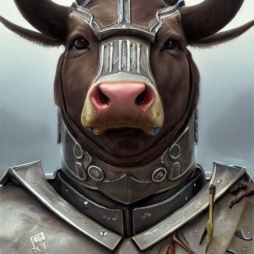 Prompt: cow knight as a realistic fantasy knight, closeup portrait art by donato giancola and greg rutkowski, realistic face, digital art, trending on artstation, symmetry!!