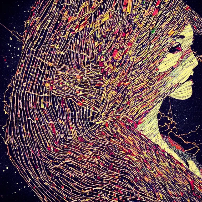 Image similar to nights falling wind is blowwing snow is pilling concept art in style of el anatsui and carne griffiths artwork by xsullo