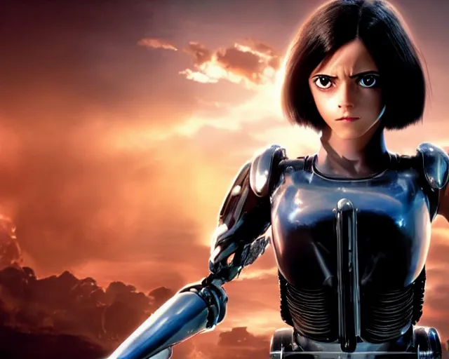 Prompt: a film still from battle angel alita played by actress emma watson, futuristic, cinematic lighting, photorealistic, highly detailed, photorealistic, high resolution