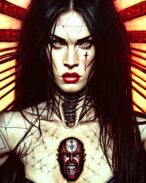 Image similar to portrait of megan fox as pinhead, bald, hellraiser, xenobite, lament configuration, hell, intricate, headshot, highly detailed, digital painting, artstation, concept art, sharp focus, cinematic lighting, illustration, art by artgerm and greg rutkowski, alphonse mucha, cgsociety