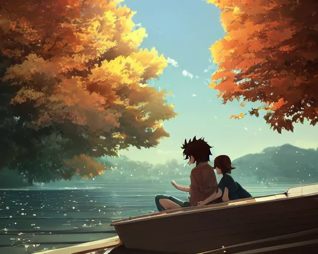 Prompt: a boy and a girl with long flowing auburn hair, boy has short black hair, sitting next to each other in one single boat. Atmospheric lighting, long shot, romantic, boy and girl are the focus, trees, blue water. Anime. By Makoto Shinkai, Stanley Artgerm Lau, WLOP, Rossdraws, James Jean, Andrei Riabovitchev, Marc Simonetti, krenz cushart, Sakimichan, D&D trending on ArtStation, digital art.