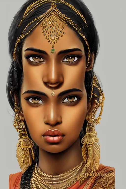 Image similar to A bust of a beautiful black skinned Indian girl with large lips and smooth eyebrows and straight hair, HD, illustration, epic, fantasy, intricate, elegant, amazing detail, digital painting, artstation, concept art, smooth, sharp focus, illustration, art by Turine Tran